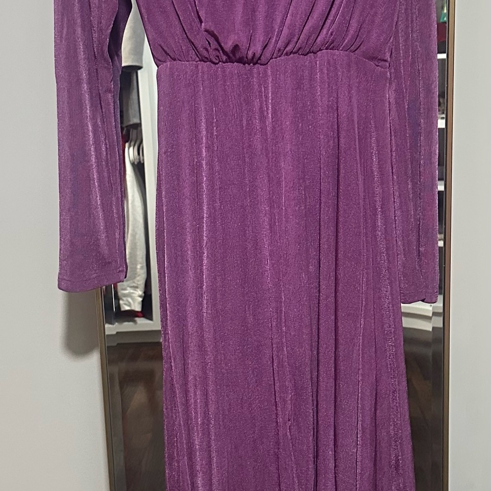 Lulu's Purple Ruched Gown with Long Bishop Sleeves